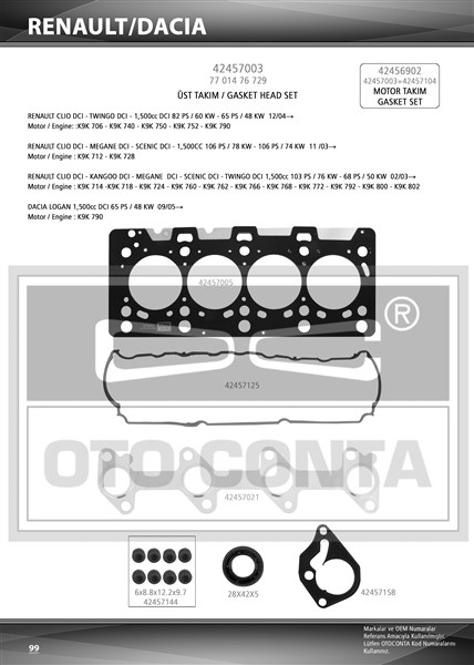 ÜST TAKIM CONTASI CLIO KNG MGN LOGAN SANDERO 1.5DCI K9K 712 714 718 724 760 TEFLON KEÇELİ SUB.LAS