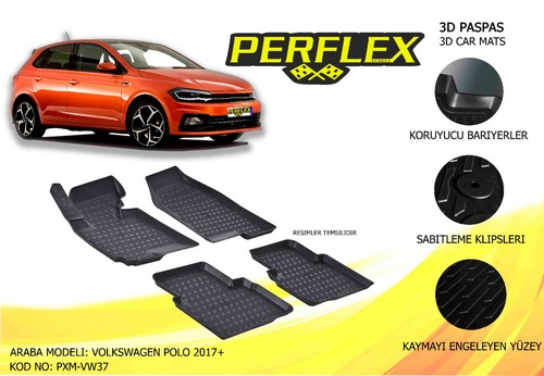 PERFLE3D MAT HAVUZLU PASPAS ÇEŞİTLERİ SİYAH VOLKSWAGEN POLO 2017 3D MAT 5 PCS
