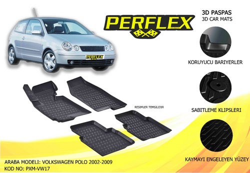 PERFLE3D MAT HAVUZLU PASPAS ÇEŞİTLERİ SİYAH VOLKSWAGEN POLO 2002 2009 3D MAT 5 PCS